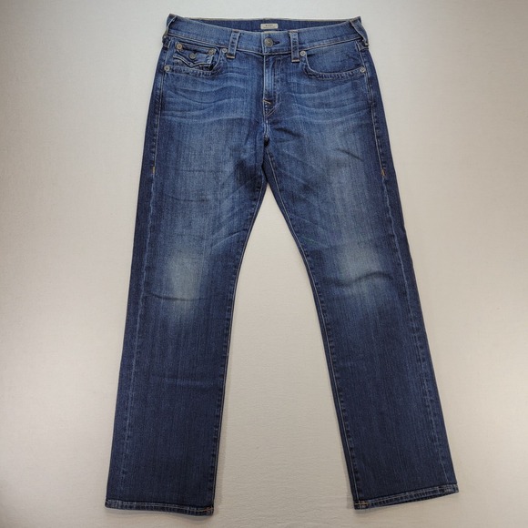 True Religion Jeans Men 33x32 Blue Ricky Relaxed Straight Flap Pockets USA Denim - Picture 1 of 13